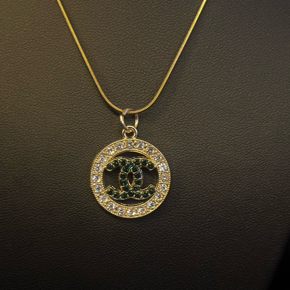 Chanel Zipper Pull Gold and Green Pendant Necklace